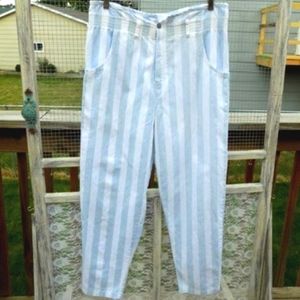 Vtg 80s airport blue white  stripe high waist paper bag oversized denim pants 10